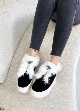 Распродажа натуральные замшевые зимние черные лоферы - ботинки с мехом на высокой подошве 38р.4 фото