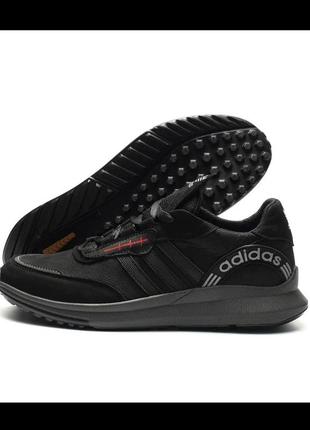 Чоловічі шкіряні кросівки з логотипом adidas, мужские кроссовки с натуральной кожи в чёрном цвете