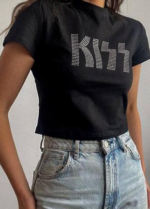 Накладний платіж ❤ бавовняний кроп топ футболка з написом рок kiss стрази2 фото