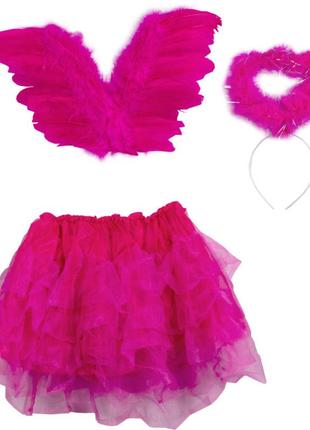Карнавальные перьевые крылья с юбкой и обручем розовые