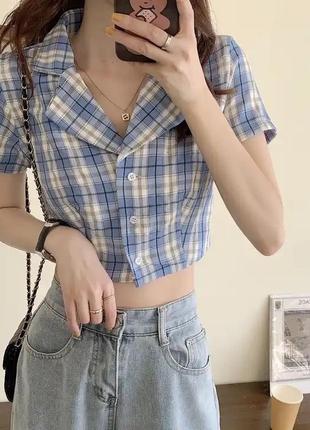 Рубашка в клетку с коротким рукавом голубая размер m