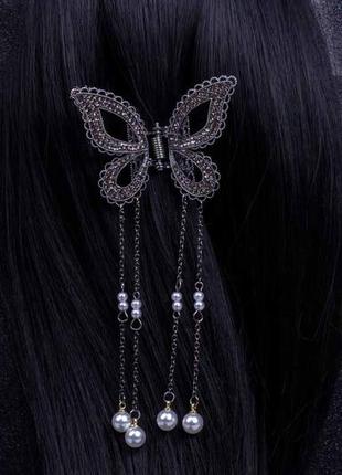 Краб бабочка чёрное серебро, со стразами и подвесками1 фото