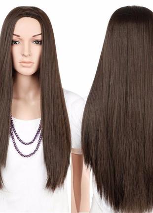 Парик коричневый, парик без челки, парик длинные волосы прямые
