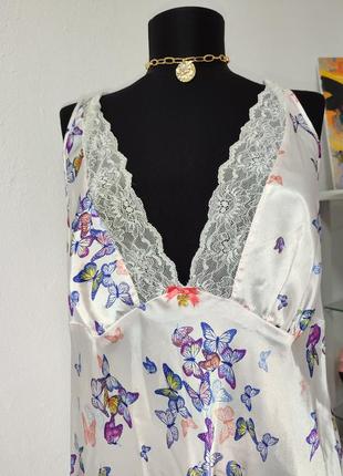 Стильная атласная ночная рубашка миди, принт бабочки,с кружевом2 фото