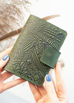 Портмоне для документів шкіряне зелене з тисненням карпати | для автодокументві, паспорта, військового