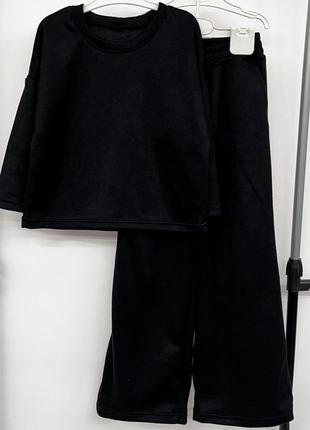 Костюм двойка детский подростковый оверсайз, ангора, кофта, штаны - палаццо, черный1 фото