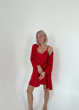 Пижама женская  (халат и ночнушка) для дома и сна комплект 2ка - красная (m)2 фото