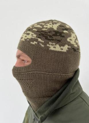 Шапка балаклава 2 в 1 в'язана колір темна олива / піксель, краща якість, original