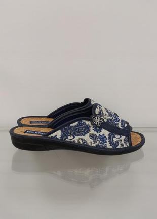 Женские домашние открытые текстильные тапочки на танкетке