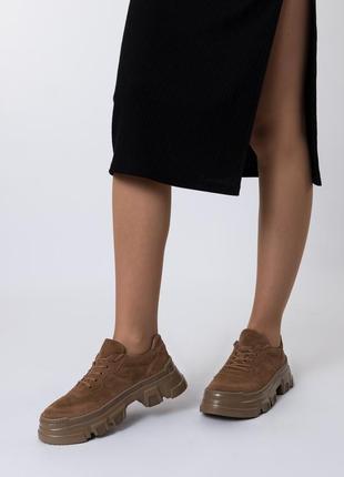 Туфлі жіночі коричневі на високій платформі з шнурівками замшеві 955тz2 фото