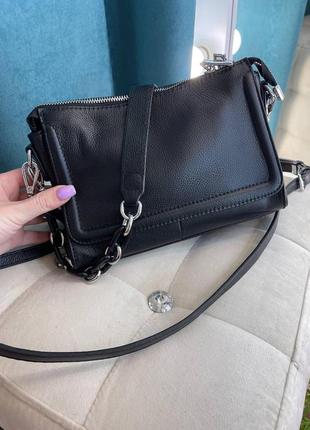Женская кожаная сумка polina&eiterou чёрная кроссбоди + шопер з тканини у подарунок