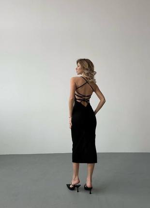 Сукня жіноча, міді з креп дайвінгу, з розрізом на нозі і відкритою спиною, чорна, класична2 фото