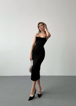 Сукня жіноча, міді з креп дайвінгу, з розрізом на нозі і відкритою спиною, чорна, класична9 фото