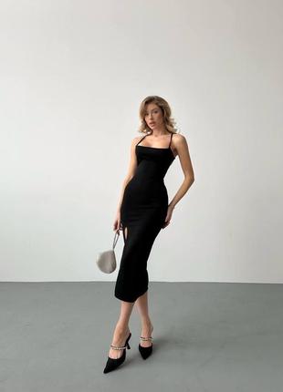 Сукня жіноча, міді з креп дайвінгу, з розрізом на нозі і відкритою спиною, чорна, класична6 фото