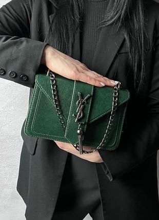Женская кожаная сумка yves saint laurent зеленая сумочка на цепочке ysl в подарочной упаковке9 фото