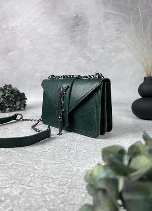 Женская кожаная сумка yves saint laurent зеленая сумочка на цепочке ysl в подарочной упаковке3 фото