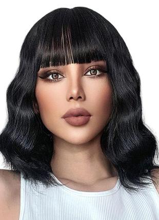 Парик черный каре, натуральные синтетические волосы