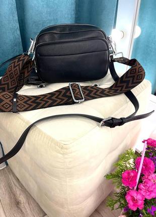 Женская чёрная кожаная сумка через плечо с тканевым ремнём polina&eiterou + шопер з тканини у подару1 фото