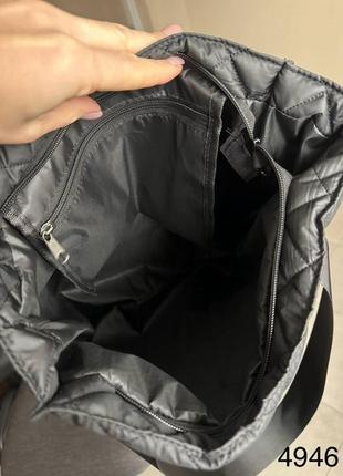 Велика жіноча сумка-шопер тканинна плащовка стьобана чорна7 фото
