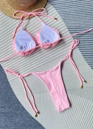 Розовый купальник бикини с объемными цветами5 фото
