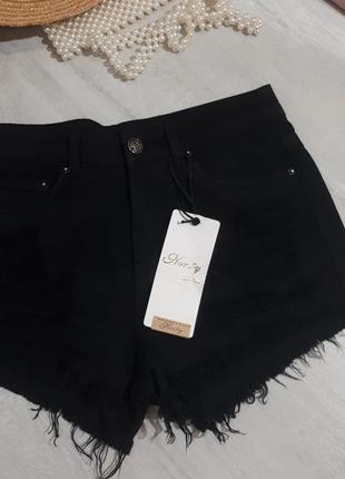 Стильные черные шортики/джинсовые шорты/джинсовые шорты с бахромой с потертостями6 фото