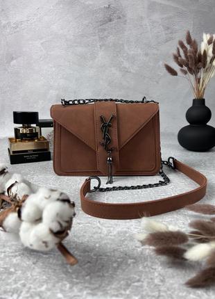 Женская кожаная сумка yves saint laurent коричневая сумочка на цепочке ysl в подарочной упаковке
