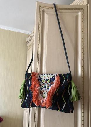 Antik batik ! франция, эффектная бохо этно сумка, с бахромой, бисером, натуральная кожа,2 фото