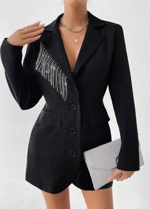 Сукня піджак з костюмної тканини, з сяючою бахромою з довгими рукавами, чорна