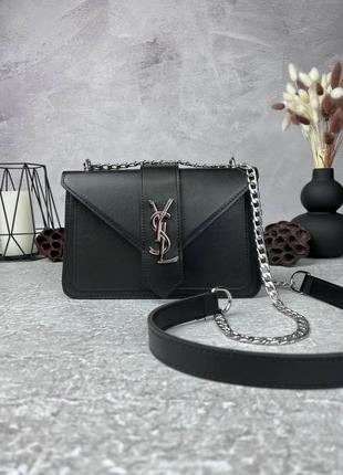 Женская кожаная сумка yves saint laurent черная сумочка на цепочке ysl silver в подарочной упаковке1 фото