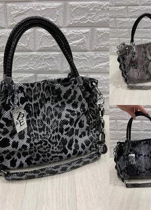 Жіноча шкіряна сумка polina&eiterou чорна лазерна + шопер із тканини у подарунок3 фото