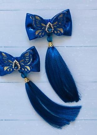 Набір шпильок "синя метелик" з пензликом і намистинами2 фото