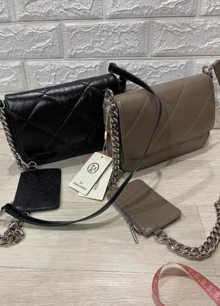 Женская сумка polina & eiterou с цепью чёрная бежевая кожа жіноча сумка шкіра + шопер з тканини2 фото