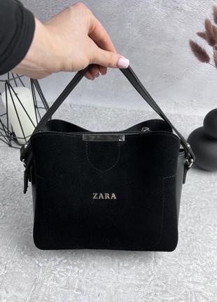 Кожаная женская сумка zara черная женская замшевая сумочка на плечо в подарочной упаковке5 фото