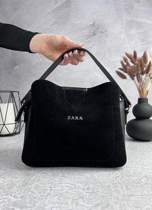 Кожаная женская сумка zara черная женская замшевая сумочка на плечо в подарочной упаковке1 фото