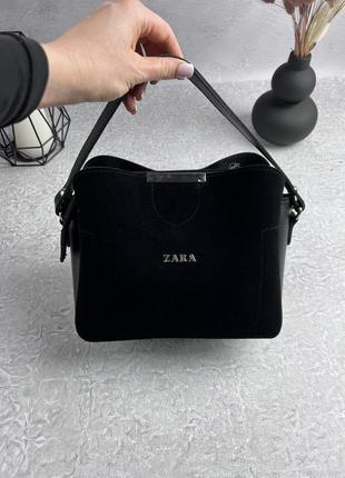 Шкіряна жіноча сумка zara чорна жіноча замшева сумочка на плече в подарунковому пакованні4 фото