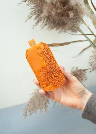 Чохол для ключів шкіряний помаранчевий з орнаментом квітучий сад | ключниця шкіряна
