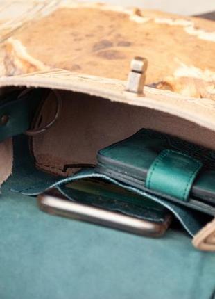 Маленька авторська сумочка-рюкзак шкіряна бежево-зелена з орнаментом бохо5 фото