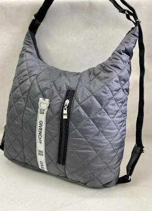 Женская сумка-рюкзак с карманами стеганная плащевка серая2 фото
