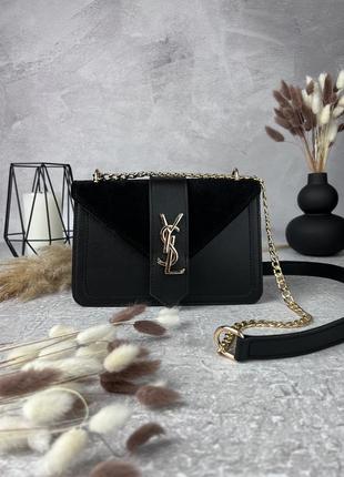 Жіноча шкіряна сумка yves saint laurent чорна замшева сумочка на ланцюжку ysl у подарунковому пакованні