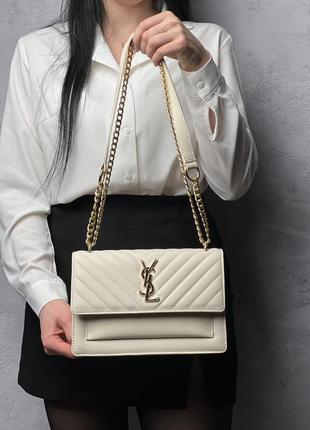 Женская кожаная сумка yves saint laurent бежевая сумочка на цепочке ysl diagonal в подарочной упаковке10 фото