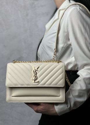 Женская кожаная сумка yves saint laurent бежевая сумочка на цепочке ysl diagonal в подарочной упаковке5 фото