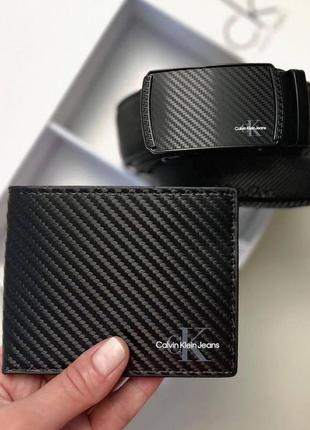 Чоловічий шкіряний гаманець calvin klein пормоне з натуральної шкіри чорний кельвін кляйн і ремінь