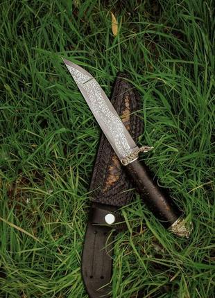 Эксклюзивный нож ручной работы из мозаичного дамаска «сова #4», 5 000 слоёв металла/60 hrc.