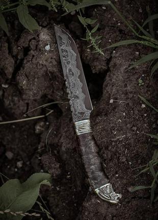 Эксклюзивный нож ручной работы из дамасской стали «чужой #4» с кожаными ножнами/60 hrc2 фото