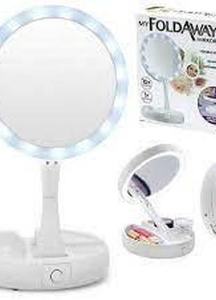 Дзеркало настільне з підсвічуванням led my fold away mirror складне для макіяжу кругле біле1 фото