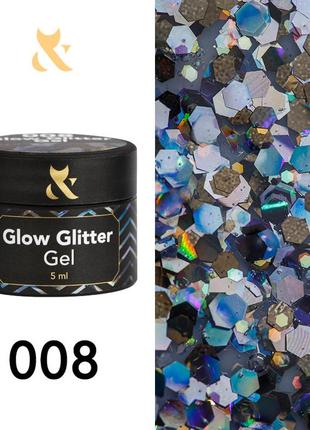 Глитер для дизайна f.o.x glow glitter gel 008, 5 мл