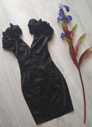 Шикарное атласное чёрное черное платье с пишным рукавом1 фото