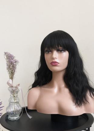 Перука kitto hair чорна каре з чубчиком хвилясте волосся 35 см