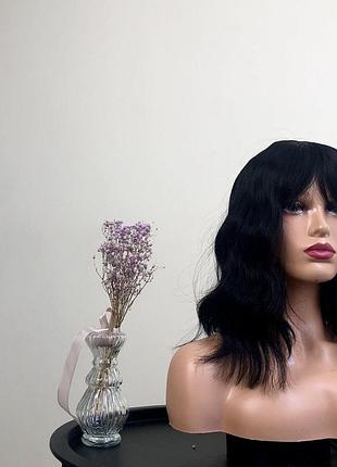 Перука kitto hair чорна каре з чубчиком, хвилясте волосся