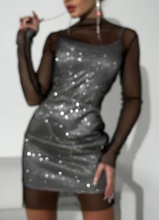 Сукня двійка люрекс і сітка, коротка приталена, кольори чорний і срібло8 фото